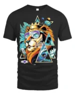Psychedelic Lion T-Shirt Cool Summer King Graphic Tee with Sunglasses and Crown - black t-shirt on white background