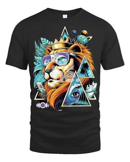 Psychedelic Lion T-Shirt Cool Summer King Graphic Tee with Sunglasses and Crown - black t-shirt on white background