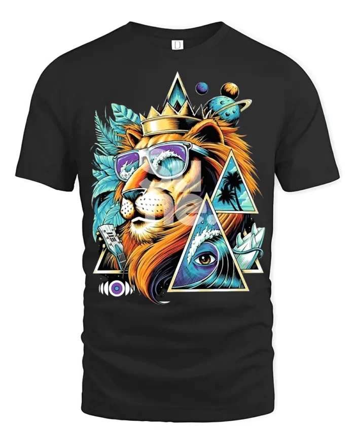 Psychedelic Lion T-Shirt Cool Summer King Graphic Tee with Sunglasses and Crown - black t-shirt on white background