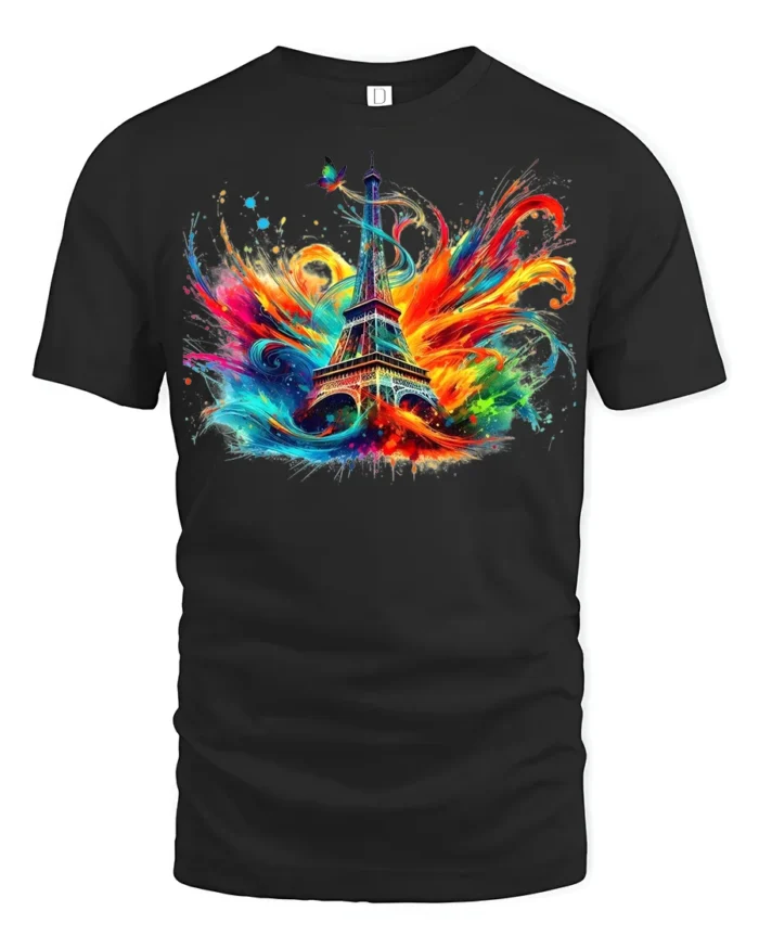 Paris Eiffel Tower T-Shirt Color Splash Artistic Tee for Travel Lovers and Dreamers - black t-shirt on white background