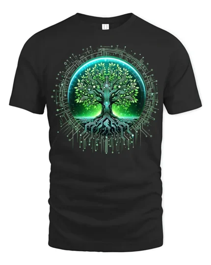 Cyber Nature Tree T-Shirt High Tech Botanical Graphic Tee for Eco Enthusiasts - black t-shirt on white background