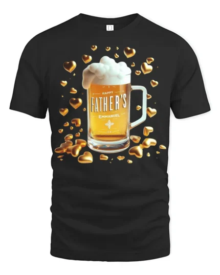 Happy Father’s Day Beer T-Shirt Funny Gift Tee with Mug and Golden Hearts Print - black t-shirt on white background
