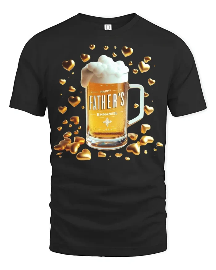 Happy Father’s Day Beer T-Shirt Funny Gift Tee with Mug and Golden Hearts Print - black t-shirt on white background