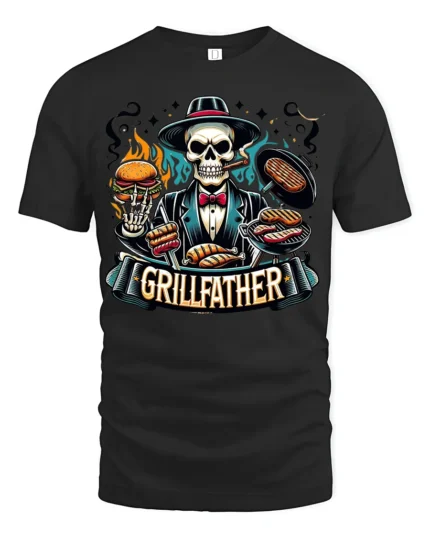 Grillfather BBQ T-Shirt for Dad Funny Skull Grill Master Tee for Father’s Day - black t-shirt on white background
