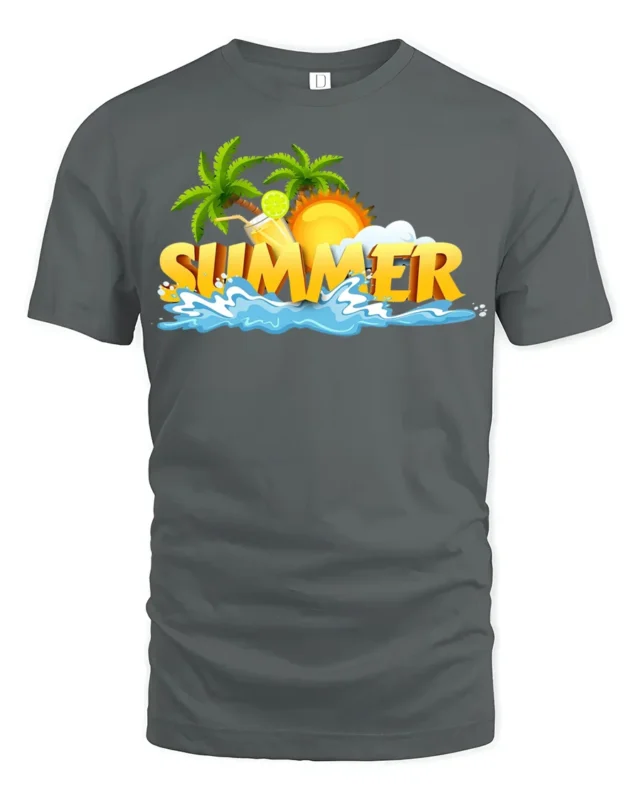 Cool Summer Beach Scene T-Shirt Vacation Vibes Tee with Palm Trees and Sun - gray t-shirt on white background