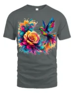 Vibrant Hummingbird T-Shirt Bright Floral Bird Tee with Artistic Design - gray t-shirt on white background