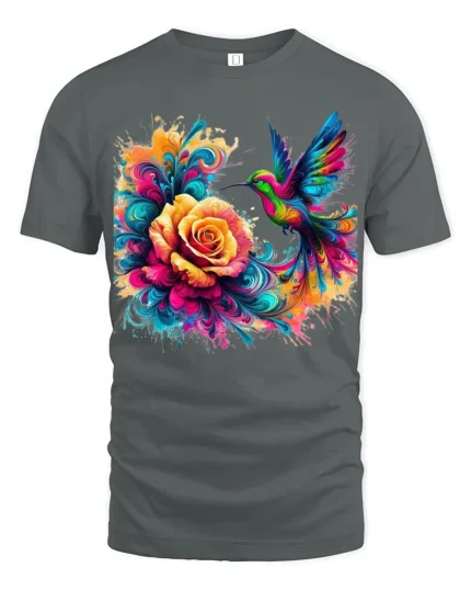 Vibrant Hummingbird T-Shirt Bright Floral Bird Tee with Artistic Design - gray t-shirt on white background