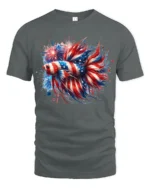 American Flag Betta Fish T-Shirt Patriotic Firework Tee for 4th of July Vibes - gray t-shirt on white background