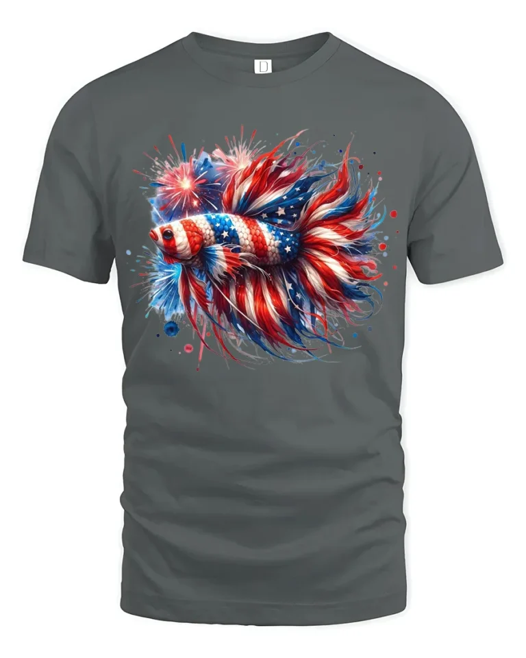 American Flag Betta Fish T-Shirt Patriotic Firework Tee for 4th of July Vibes - gray t-shirt on white background