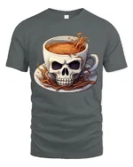 Skull Coffee Cup T-Shirt  Funny Gothic Caffeine Addict Tee for Coffee Lovers - gray t-shirt on white background