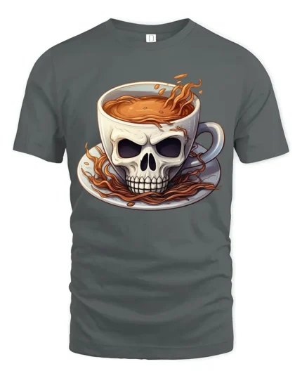 Skull Coffee Cup T-Shirt  Funny Gothic Caffeine Addict Tee for Coffee Lovers - gray t-shirt on white background