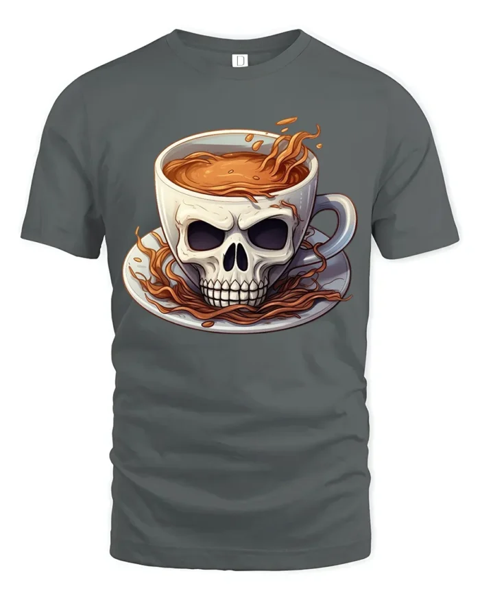 Skull Coffee Cup T-Shirt  Funny Gothic Caffeine Addict Tee for Coffee Lovers - gray t-shirt on white background