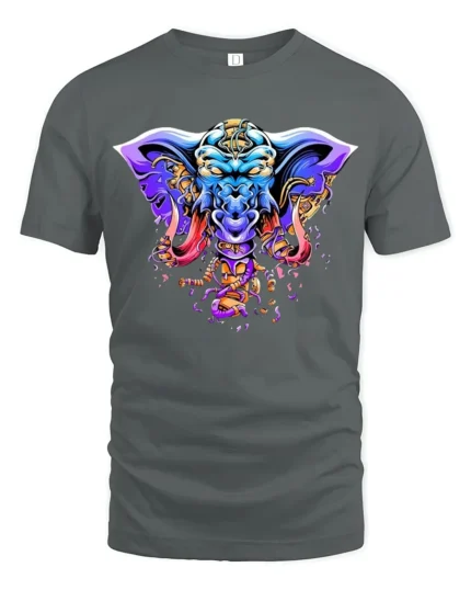 Tribal Elephant Warrior T-Shirt  Bold Psychedelic Graphic Fantasy Animal Tee - gray t-shirt on white background