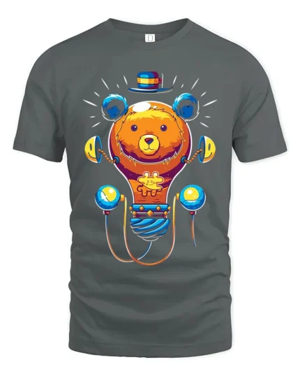 Colorful Cartoon Bear T-Shirt  Fun Whimsical Graphic Tee for Animal Lovers - gray t-shirt on white background