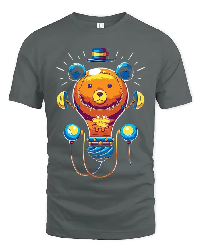 Colorful Cartoon Bear T-Shirt  Fun Whimsical Graphic Tee for Animal Lovers - gray t-shirt on white background