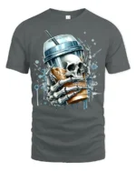 Skeleton Iced Coffee T-Shirt Bold Gothic Style Tee for Caffeine and Skull Lovers - gray t-shirt on white background