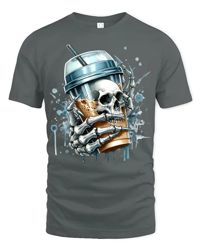 Skeleton Iced Coffee T-Shirt Bold Gothic Style Tee for Caffeine and Skull Lovers - gray t-shirt on white background