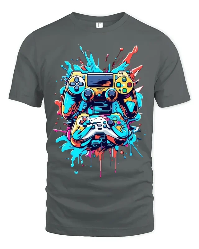 Colorful Gaming Controller T-Shirt Cool Gamer Graphic Tee for Console Fans - gray t-shirt on white background