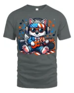 Patriotic Dog Music T-Shirt Cool USA Pup Playing Guitar with Headphones Tee - gray t-shirt on white background