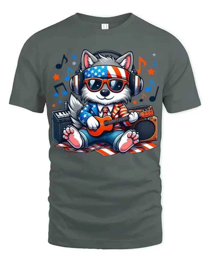 Patriotic Dog Music T-Shirt Cool USA Pup Playing Guitar with Headphones Tee - gray t-shirt on white background