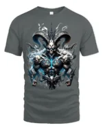 Epic Demon Lord T-Shirt Badass Skull Warrior Tee with Horns and Flames - gray t-shirt on white background