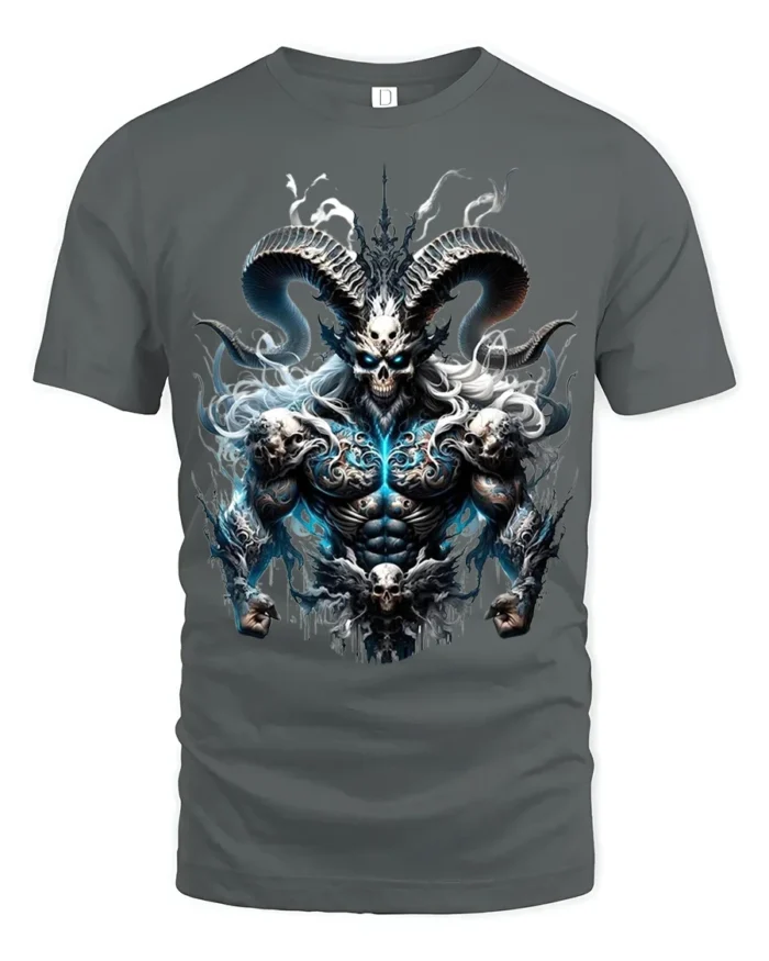 Epic Demon Lord T-Shirt Badass Skull Warrior Tee with Horns and Flames - gray t-shirt on white background