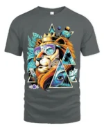 Psychedelic Lion T-Shirt Cool Summer King Graphic Tee with Sunglasses and Crown - gray t-shirt on white background