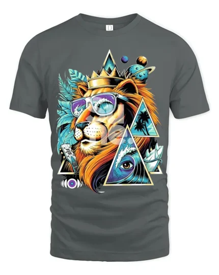 Psychedelic Lion T-Shirt Cool Summer King Graphic Tee with Sunglasses and Crown - gray t-shirt on white background