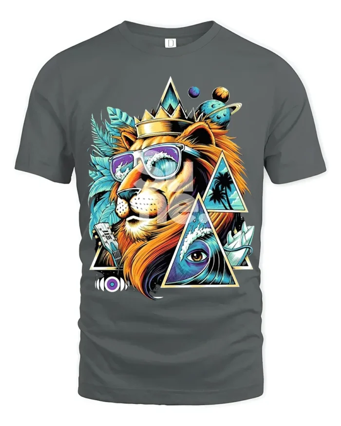 Psychedelic Lion T-Shirt Cool Summer King Graphic Tee with Sunglasses and Crown - gray t-shirt on white background