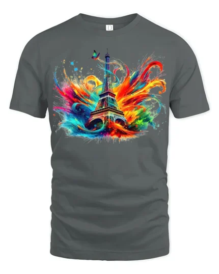 Paris Eiffel Tower T-Shirt Color Splash Artistic Tee for Travel Lovers and Dreamers - gray t-shirt on white background