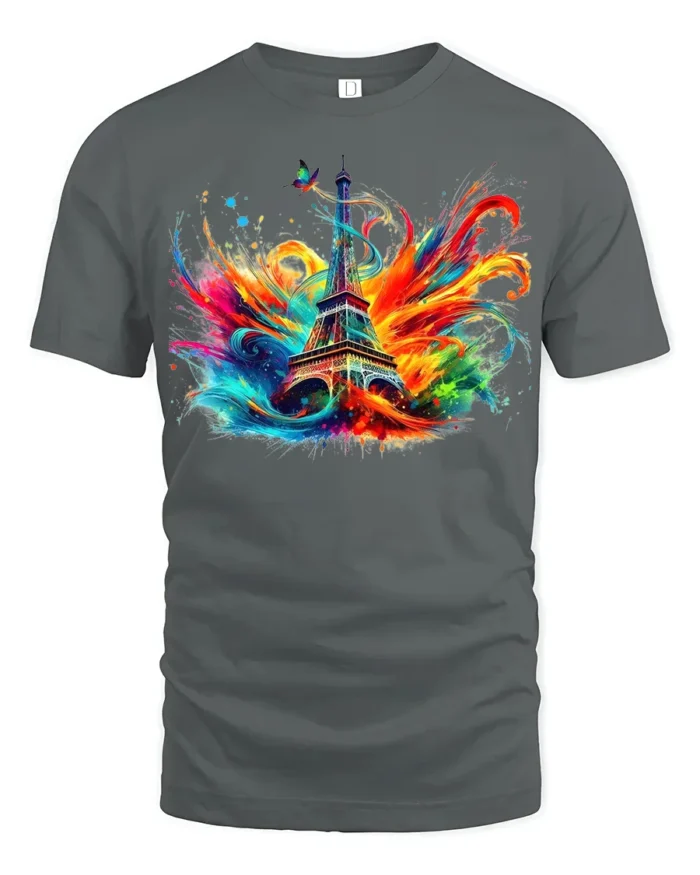 Paris Eiffel Tower T-Shirt Color Splash Artistic Tee for Travel Lovers and Dreamers - gray t-shirt on white background