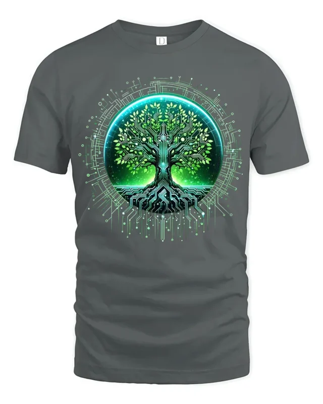Cyber Nature Tree T-Shirt High Tech Botanical Graphic Tee for Eco Enthusiasts - gray t-shirt on white background