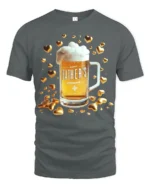 Happy Father’s Day Beer T-Shirt Funny Gift Tee with Mug and Golden Hearts Print - gray t-shirt on white background