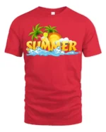 Cool Summer Beach Scene T-Shirt Vacation Vibes Tee with Palm Trees and Sun - red t-shirt on white background