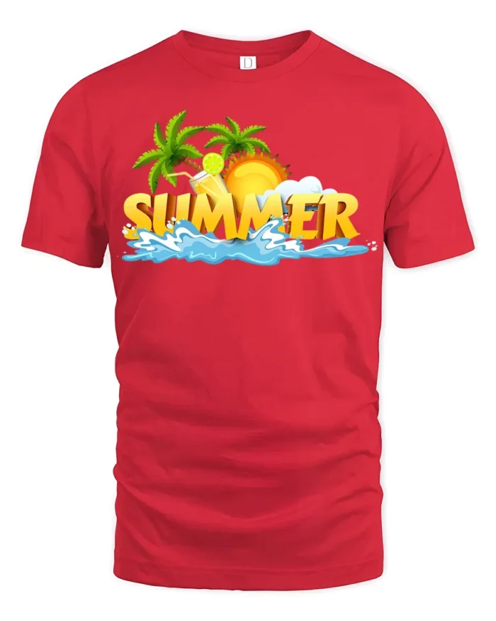 Cool Summer Beach Scene T-Shirt Vacation Vibes Tee with Palm Trees and Sun - red t-shirt on white background