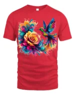 Vibrant Hummingbird T-Shirt Bright Floral Bird Tee with Artistic Design - red t-shirt on white background