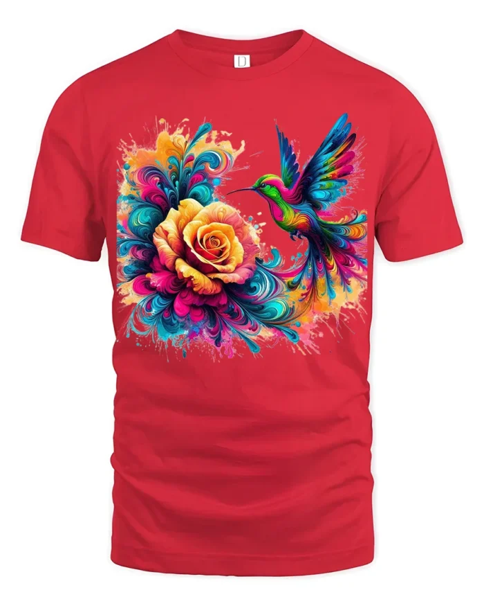 Vibrant Hummingbird T-Shirt Bright Floral Bird Tee with Artistic Design - red t-shirt on white background