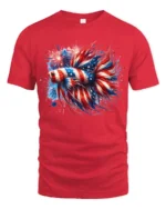American Flag Betta Fish T-Shirt Patriotic Firework Tee for 4th of July Vibes - red t-shirt on white background