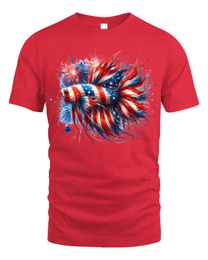 American Flag Betta Fish T-Shirt Patriotic Firework Tee for 4th of July Vibes - red t-shirt on white background