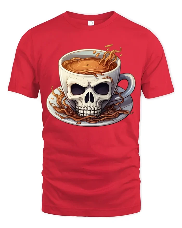 Skull Coffee Cup T-Shirt  Funny Gothic Caffeine Addict Tee for Coffee Lovers - red t-shirt on white background