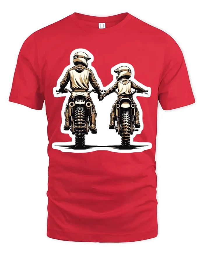 Biker Dad and Son T-Shirt  Motocross Love Family Ride Together Graphic Tee - red t-shirt on white background