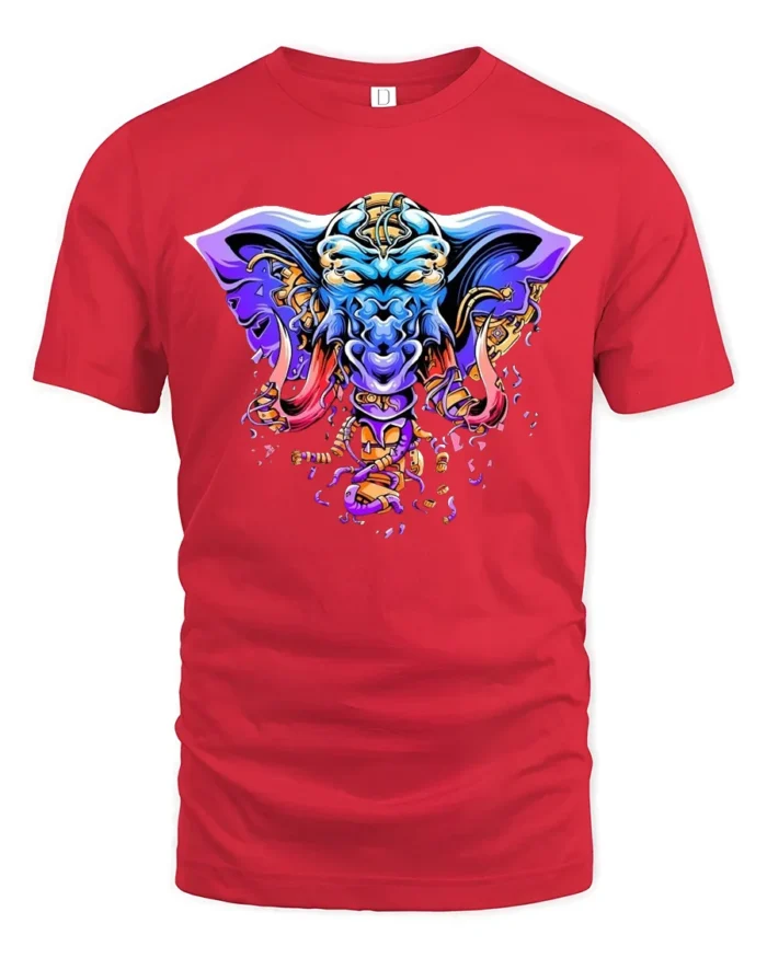Tribal Elephant Warrior T-Shirt  Bold Psychedelic Graphic Fantasy Animal Tee - red t-shirt on white background