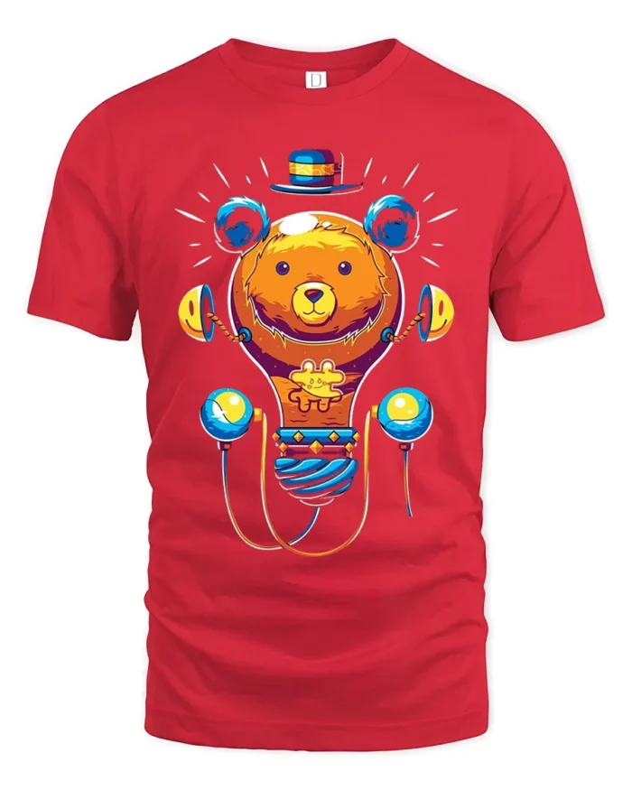 Colorful Cartoon Bear T-Shirt  Fun Whimsical Graphic Tee for Animal Lovers - red t-shirt on white background
