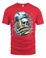 Skeleton Iced Coffee T-Shirt Bold Gothic Style Tee for Caffeine and Skull Lovers - red t-shirt on white background