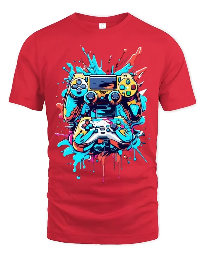 Colorful Gaming Controller T-Shirt Cool Gamer Graphic Tee for Console Fans - red t-shirt on white background