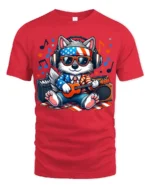 Patriotic Dog Music T-Shirt Cool USA Pup Playing Guitar with Headphones Tee - red t-shirt on white background