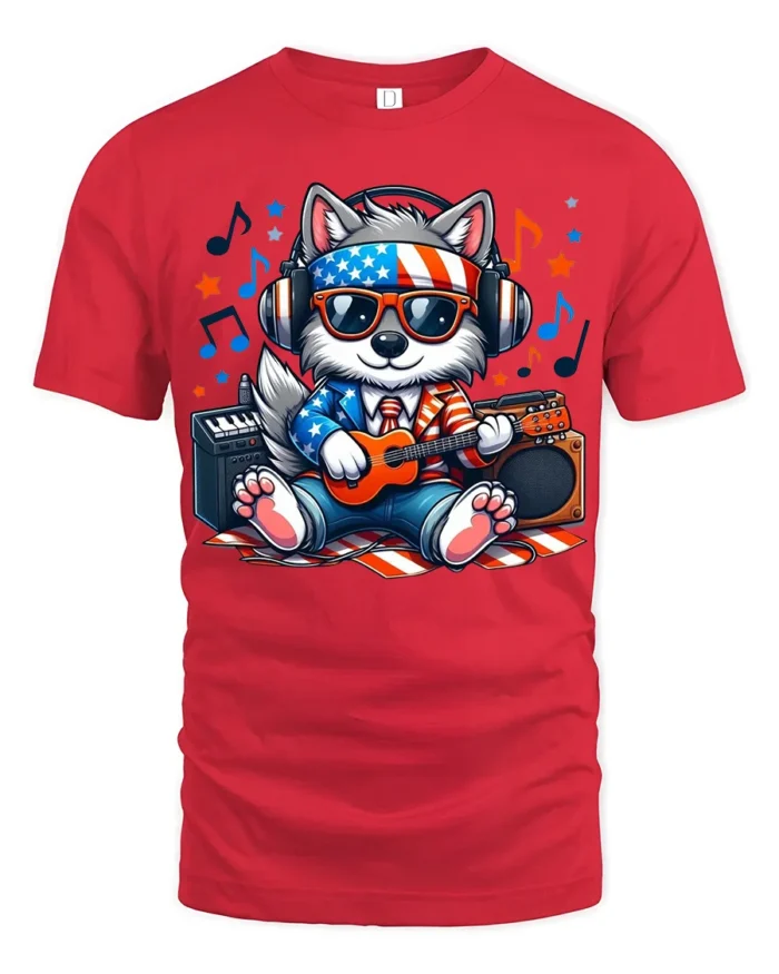Patriotic Dog Music T-Shirt Cool USA Pup Playing Guitar with Headphones Tee - red t-shirt on white background