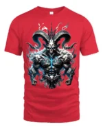 Epic Demon Lord T-Shirt Badass Skull Warrior Tee with Horns and Flames - red t-shirt on white background