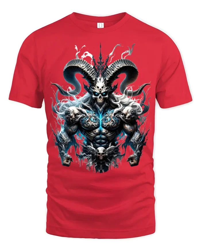 Epic Demon Lord T-Shirt Badass Skull Warrior Tee with Horns and Flames - red t-shirt on white background