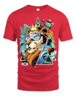 Psychedelic Lion T-Shirt Cool Summer King Graphic Tee with Sunglasses and Crown - red t-shirt on white background